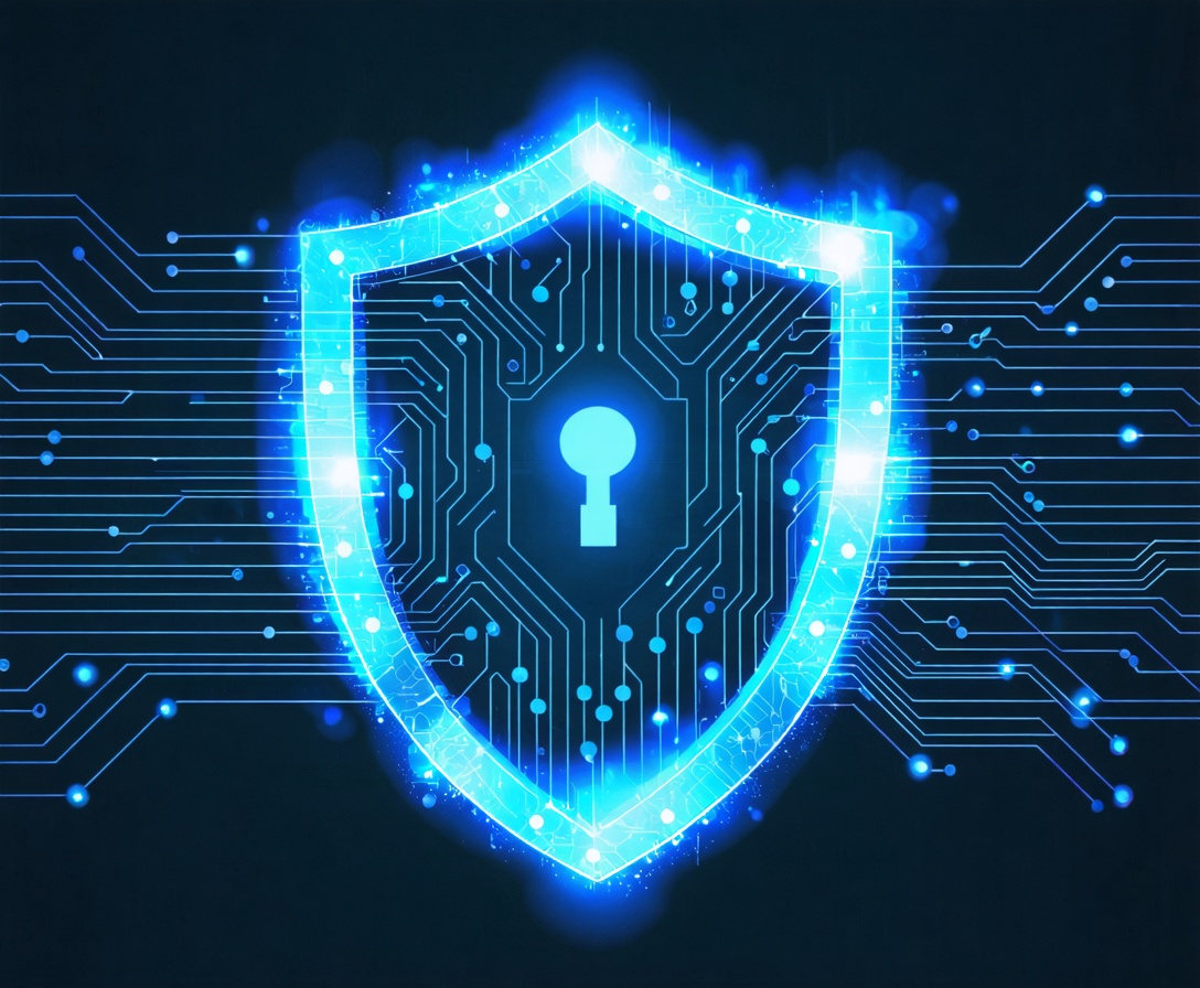 Abstrakte Visualisierung von Datensicherheit in einem industriellen Kontext mit blau leuchtenden Datenströmen