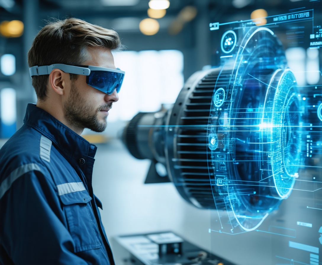 Ingenieur mit Augmented Reality Brille analysiert technische Daten