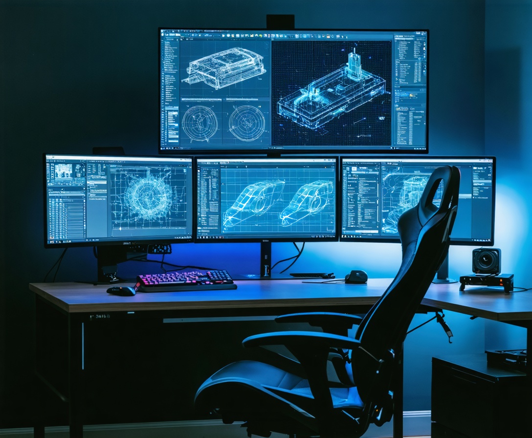 Ein voll ausgestatteter Ingenieurs-Arbeitsplatz mit mehreren Bildschirmen für CAD-Konstruktion und KI-Simulation