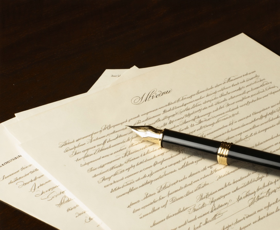 Nahaufnahme von unterzeichneten Rechtsdokumenten und einem hochwertigen Füllfederhalter auf einem dunklen Holztisch