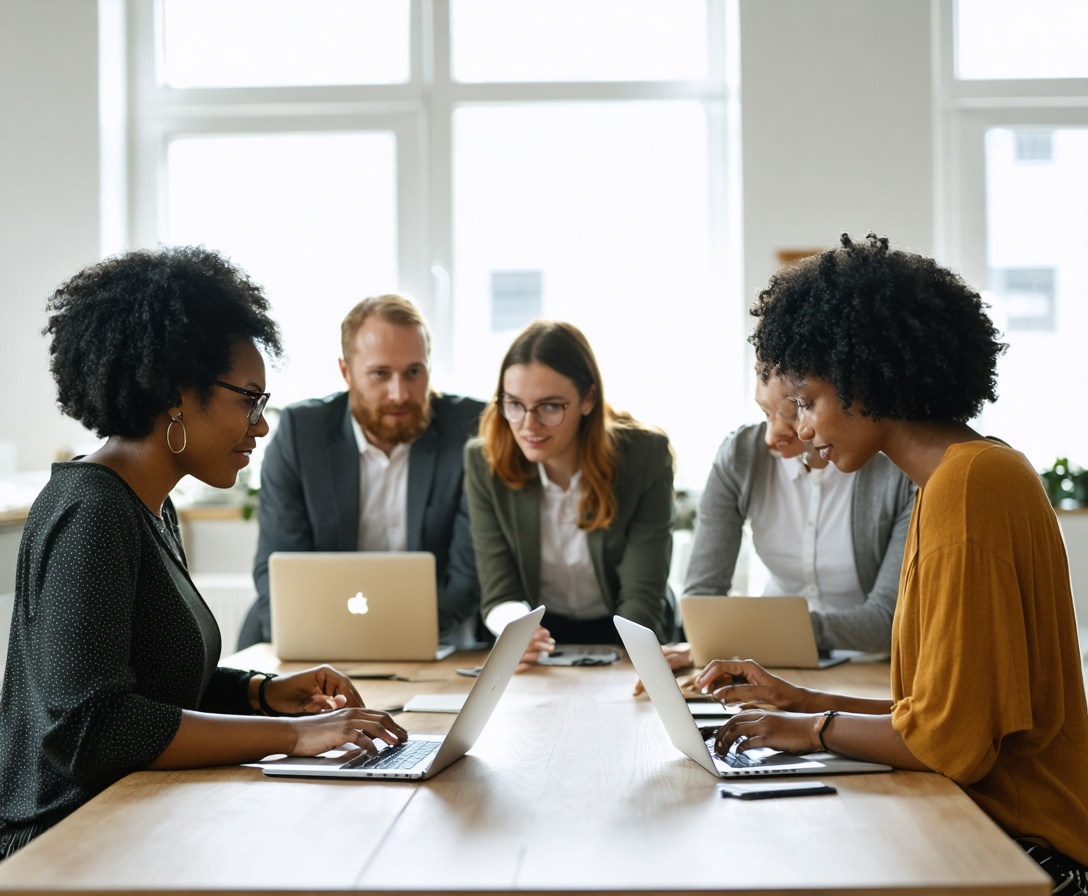 Ein motiviertes Team von Fachleuten bei AI Skills Lab Engineering während einer strategischen Projektbesprechung im Stuttgarter Hauptsitz
