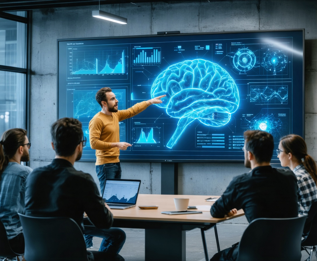 Ein Dozent demonstriert komplexe KI-Algorithmen an einem großflächigen Screen während einer Intensiv-Schulung